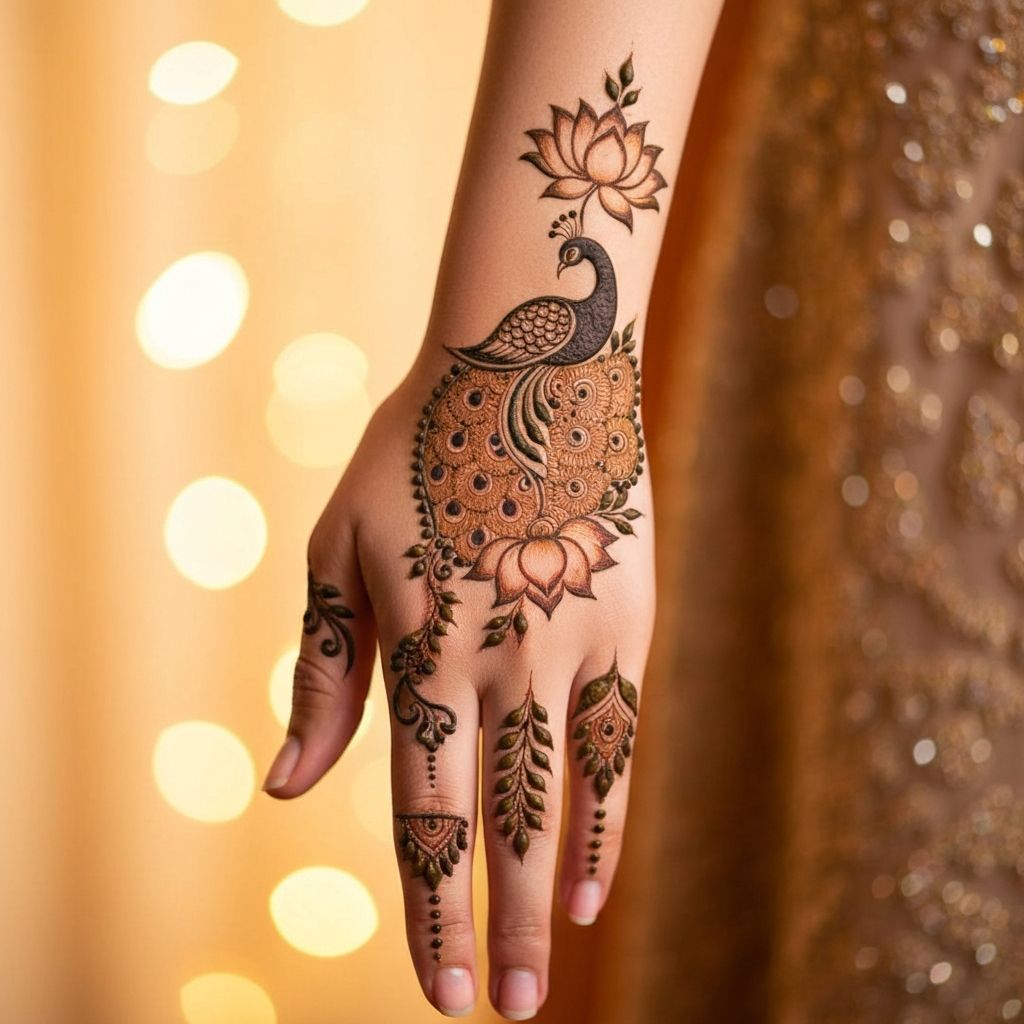 Back hand mehndi with peacock pattern